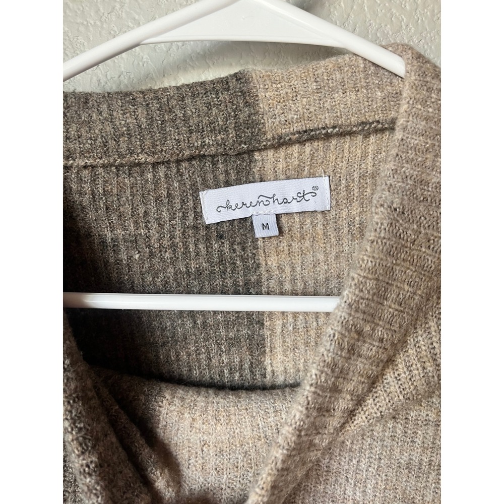 Keren Hart Women Colorblock Ribbed Knit Sweater Mock Neck Brown Beige Mustard M - Picture 2 of 4
